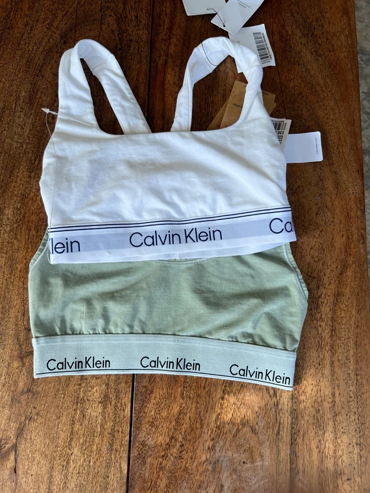 CALVIN KLEIN PAIR OF ATHLETIC LOGO BRAS GREEN & WHITE XS - Image 4 of 4