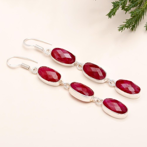 Ruby Lab Created Gemstone Dangle Handmade 925 Sterling Silver Earring Jewelry - Picture 3 of 6