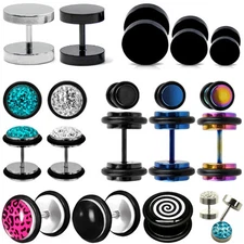 Stainless Steel Fake Plug Tunnel Stud Earrings Round Men Men Black Silver