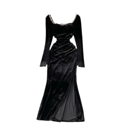 retro velvet dress Vintage Deep V-Neck Pearl Velvet Swing Midi Dress Cocktail Dress Date Night Outfits Wine Red