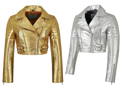 Damen High Waist Rock-Chick Cropped Gold/Silber Folie Echt Lammfell Jacke 5625