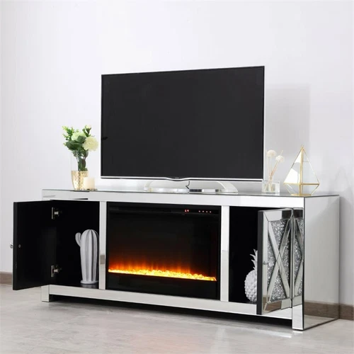 Elegant Decor Modern 2 Door 59" Clear Silver Mirrored Crystal Fireplace TV Stand - Picture 7 of 10