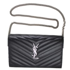 BRAND NEW SAINT LAURENT BLACK LEATHER CHAIN SHOULDER WALLET 377828 BOW02 1000