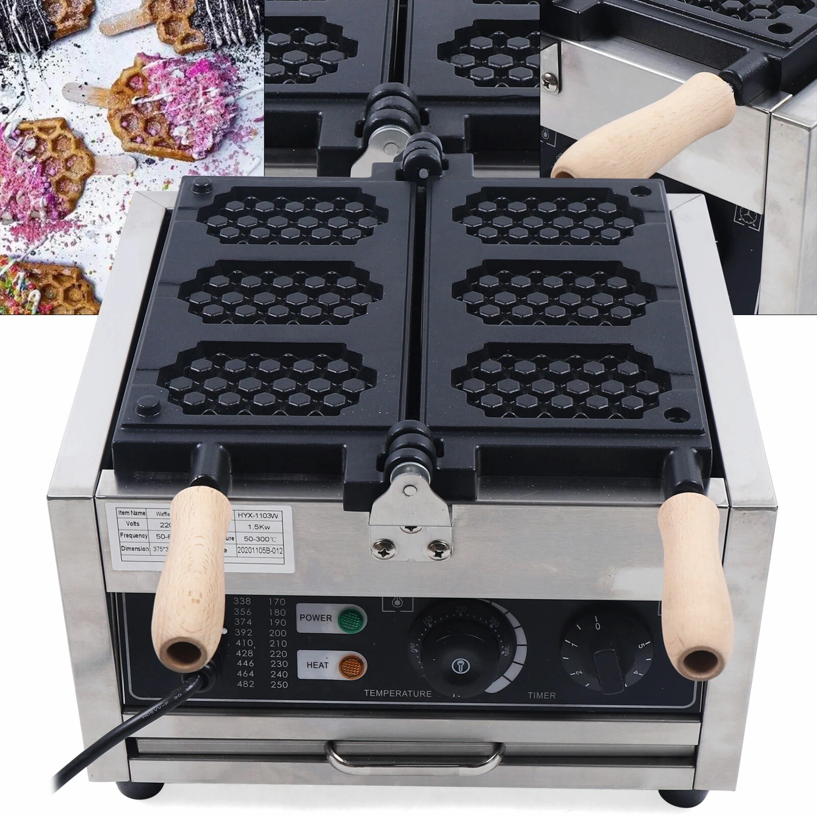 1500W Commercial Nonstick Electric Honeycomb Waffle Pop Maker Baker Machine 110V