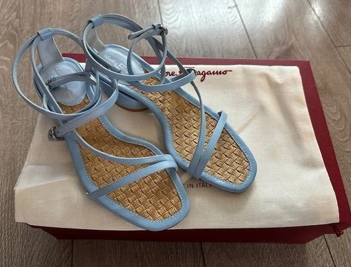 NEW Salvatore Ferragamo Women size 5 C Leather Strappy Sandals Blue Block Heel