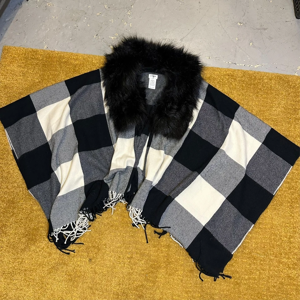 Poncho bufanda dramática cruella cuello piel sintética J Crew cuello piel escocesa Foto 2 de 4