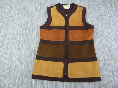 Vintage Joan Knits 100 % Wolle Wildleder Patchwork Reißverschluss Weste Größe 14 Made Hong Kong TV