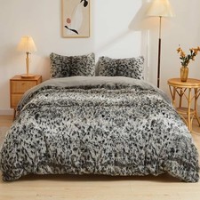 Cheetah Print Faux Fur Duvet Cover Fluffy Bedding Queen Leopard Print Grey