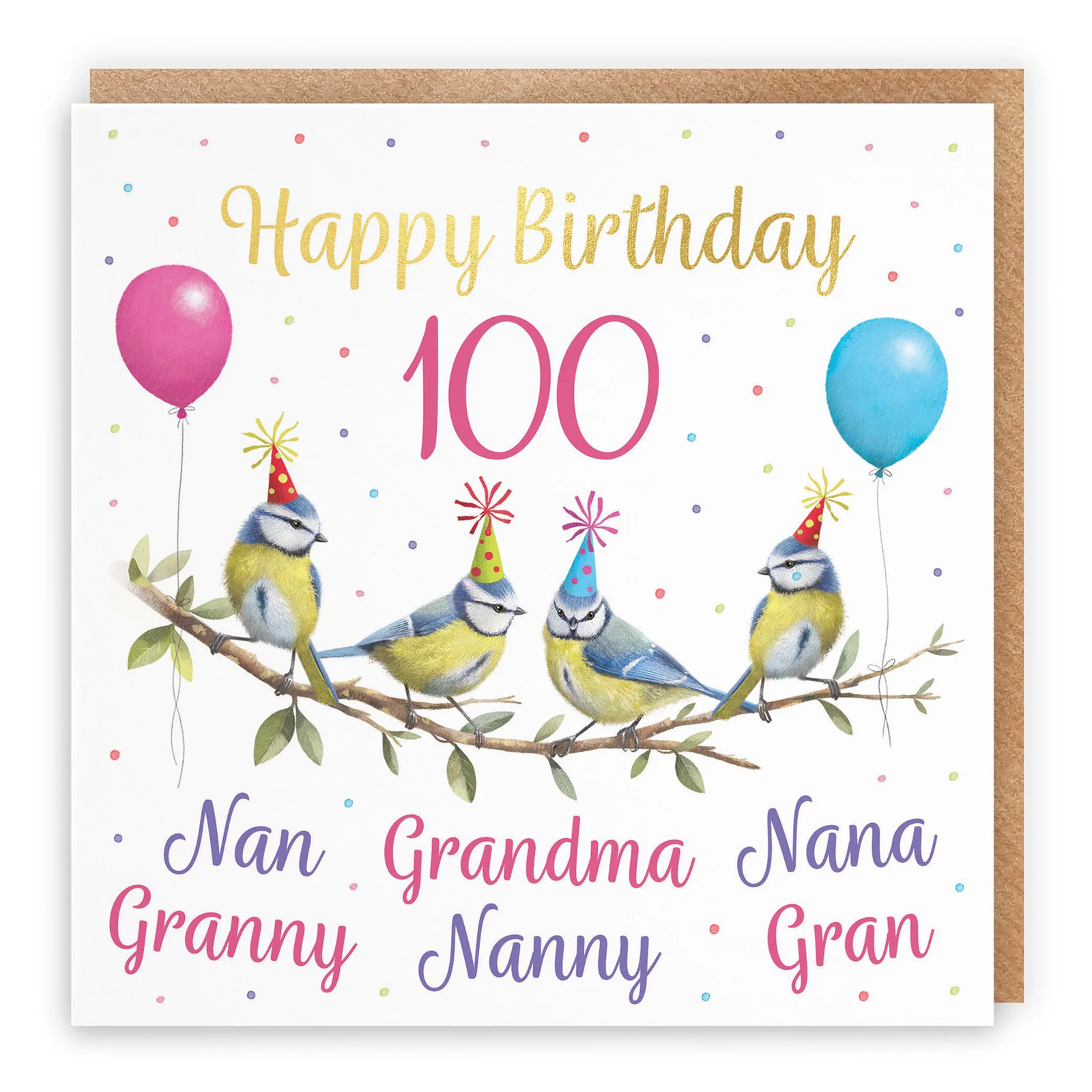 100th Multi Name Grandma Blue Tits Birthday Card Gold Foil Milo's Gallery