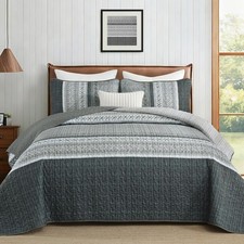 Grey Quilt Set Queen Soft Striped Texture Bedspread Coverlet Set 3 Pieces