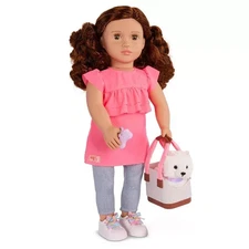 Our Generation Becca & Pearl 18'' Doll & Pet Dog Plush Carrier Accessories Set