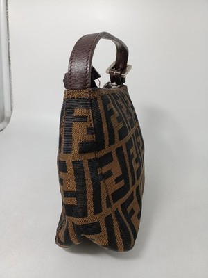 FENDI FF Zucca Mini Pochette Brown Canvas Leather Pouch USED from
