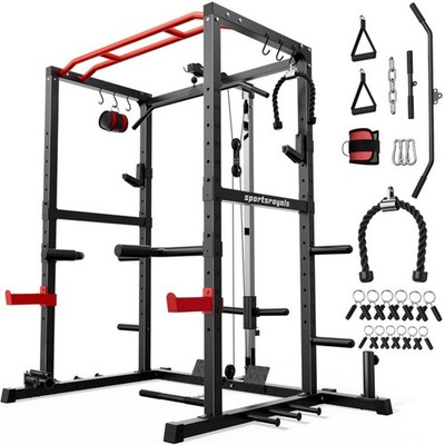 SPORTSROYALS Power Rack, Multi-Functional Power Cage, Squat Rack w Pulley System