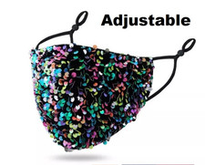 Black Multicolor Glitter Sequin Face Mask Cover Adjustable Elastic Strap Cloth