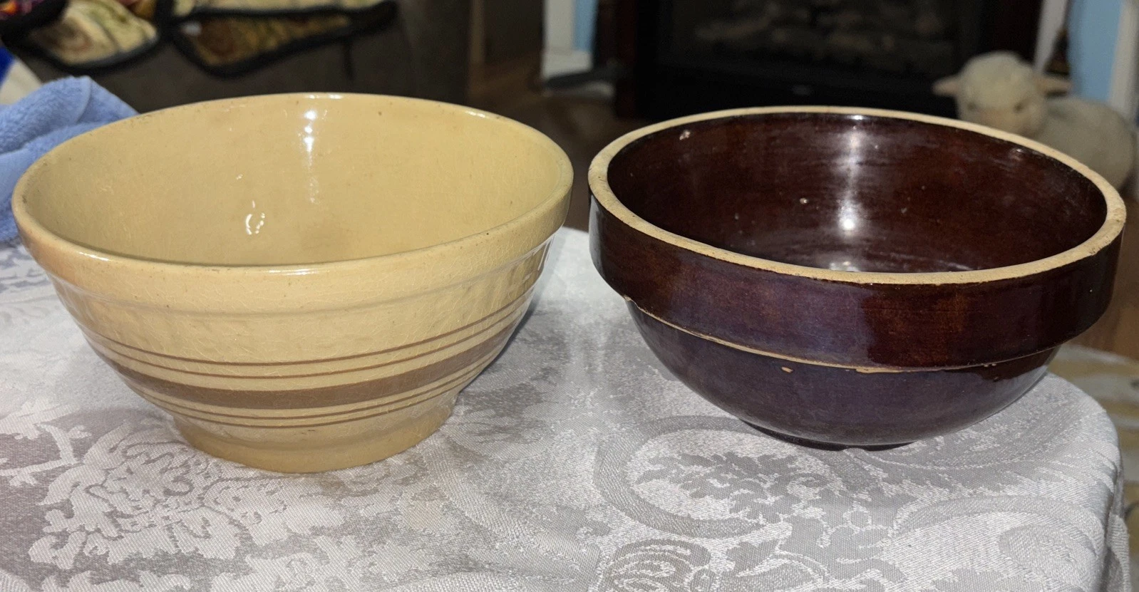 2 Antique/ Vintage Stoneware / CrockFarmhouse Primitive Serving Or Mixing Bowls