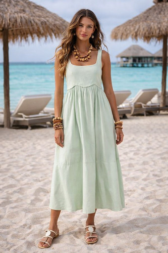 NWT Mon Renn Formation Sun Dress Maxi Pistachio Elastic Bodice Adj Straps Small