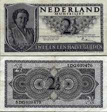 Netherlands 2 1/2 Gulden 1949 Pick # 73 VF
