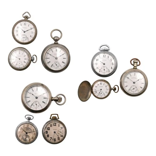 9 ANTIQUE WALTHAM HAND WOUND OPEN FACE POCKETWATCH LOT GOLD FILLED BASE METAL