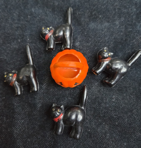 Vtg Lot of 5 Halloween Cake & Cupcake Toppers/Picks Black Cats & JOL 2"