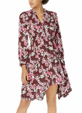 Bar III Womens Handkerchief-Hem Shirtdress Burgundy Red Floral Sz Medium