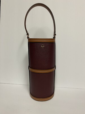 Tory Burch Emerson Bottle Holder Bucket Bag Maroon Acorn Saffiano