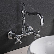 Polished Chrome Bathroom Basin Sink Faucet Dual Handles Mixer Tap Wall Mount