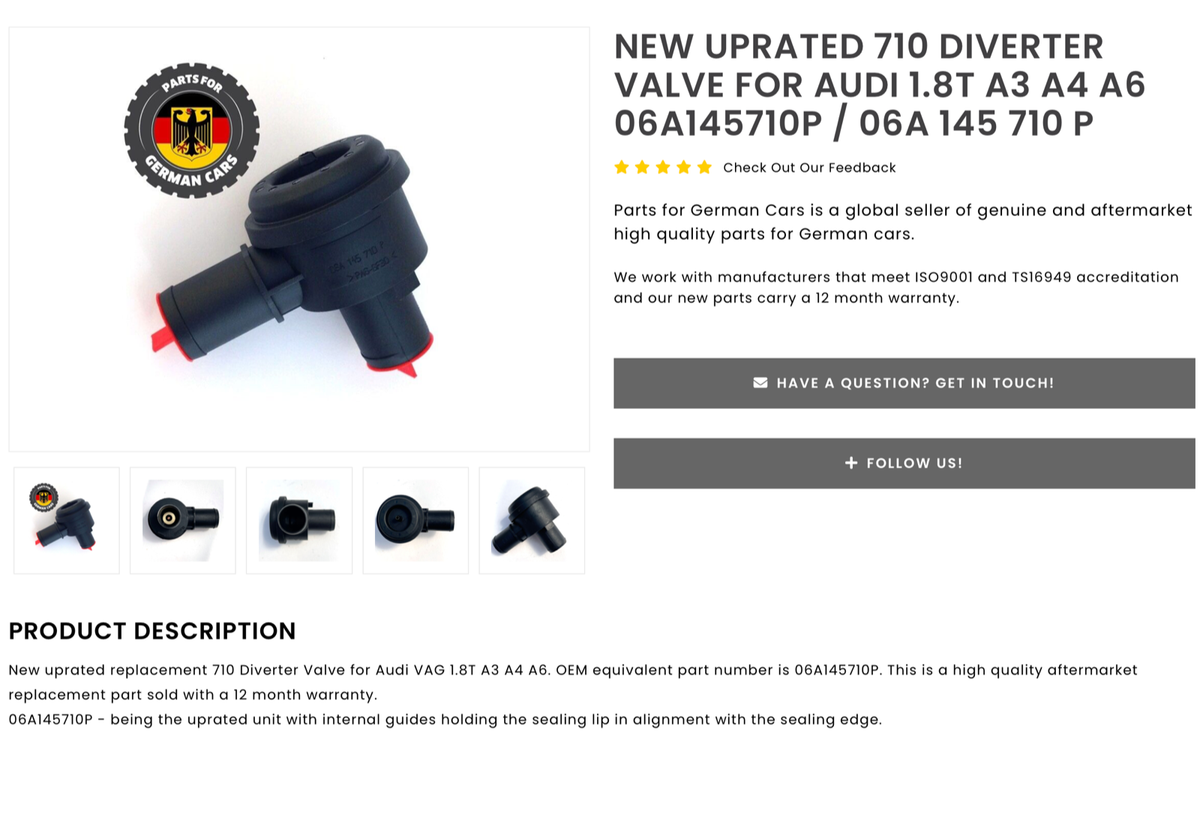 NEW Uprated 710 Diverter Valve for Audi S3 TT S4 RS4 06A145710N