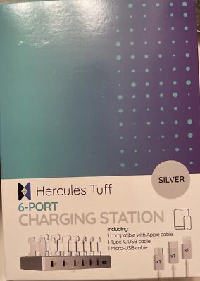 Hercules Tuff LED Charging Station for Multiple Devices 6 USB Fast Ports, SILVER