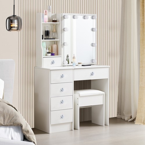 Weißer Make-up Schminktisch Schminktisch Beleuchtung Spiegel Schlafzimmer Kommode Hocker USA - Bild 6 von 10