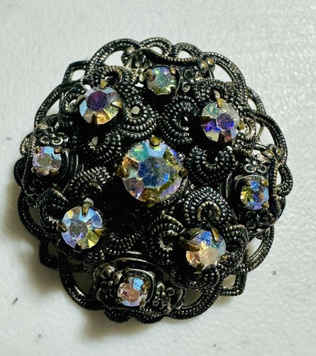 Vintage -Germany AB Rhinestone Filigree Brooch Pin - Picture 8 of 9