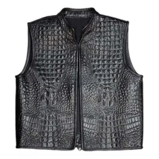 Motorcycle Genuine Black Embossed Leather Vest Biker Club Concealed Waistcoat