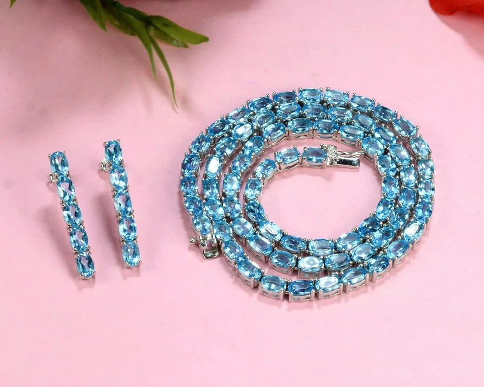 40 Ct Oval Lab-Created London Blue Topaz Tennis Necklace Earrings Set 925 Silver - Image 4 of 4