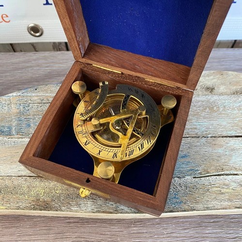 Brass Sundial Desk Compass w/ Wooden Box Old Vintage Antique Style - 第 3/7 張圖片