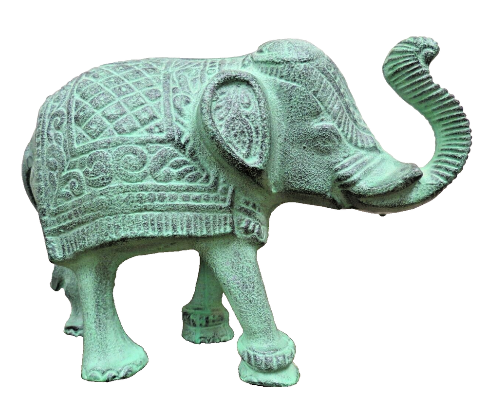 Decorative Cast Metal Elephant - Green Indian Or Parade Elephant Trunk Up