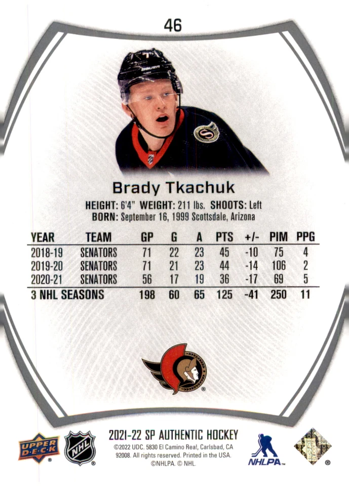 2021-22 SP Authentic #46 Brady Tkachuk - Image 2 of 2