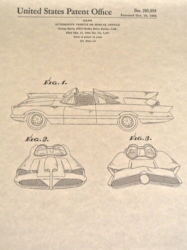 1966 Batman TV Show Batmobile US Patent Print + PLUS BONUS
