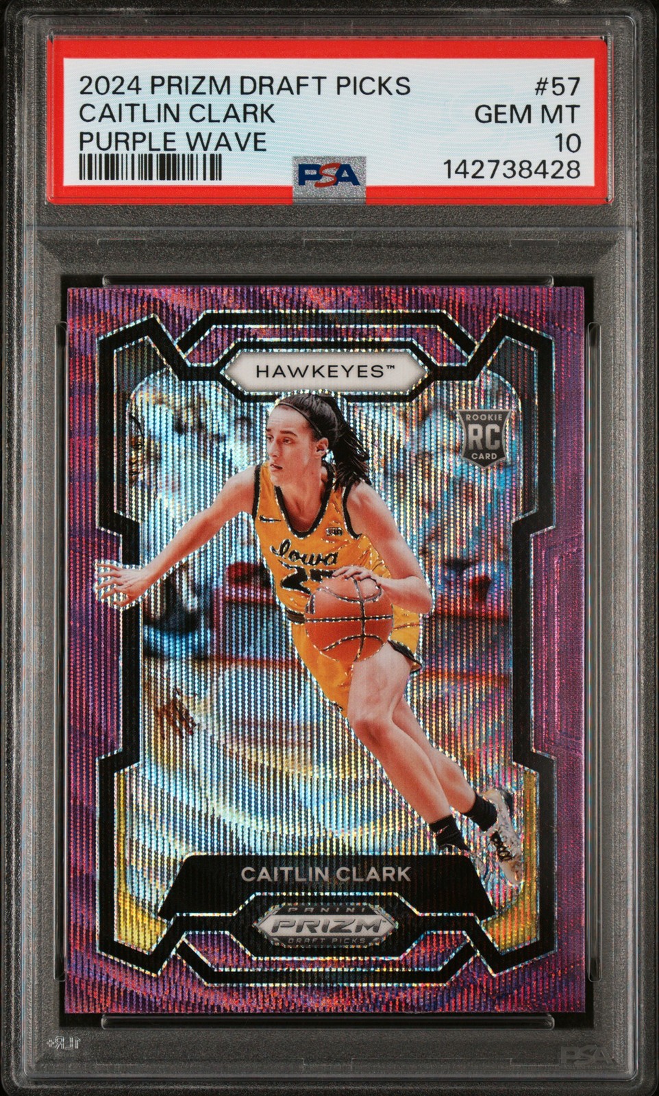 2024 Panini Prizm Draft Picks #57 Caitlin Clark Purple Wave PSA 10 view 1