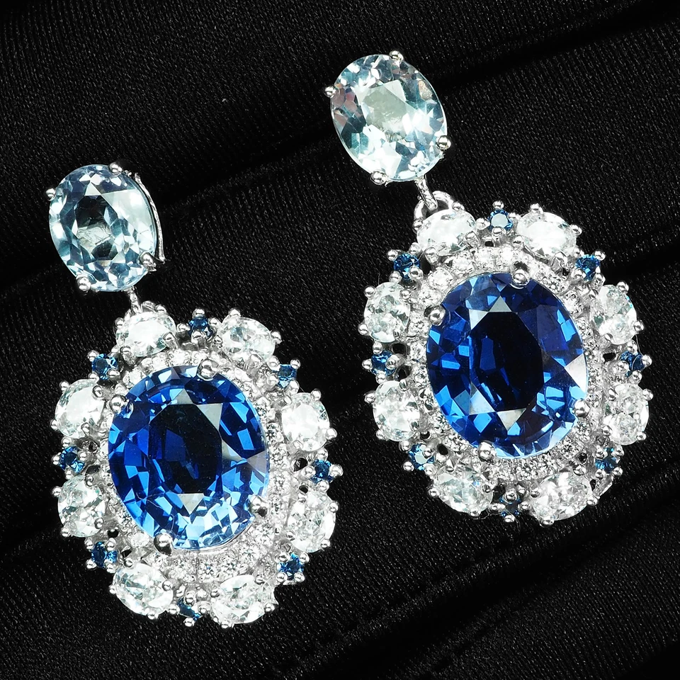 Estate 蓝色蓝宝石 Alexandrite 17.35 克拉 925 纯银白金耳环 — 第 2/4 张图片