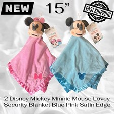 2 Disney Mickey  Minnie Mouse Lovey Security Blankets Blue Pink Satin Edge 15"
