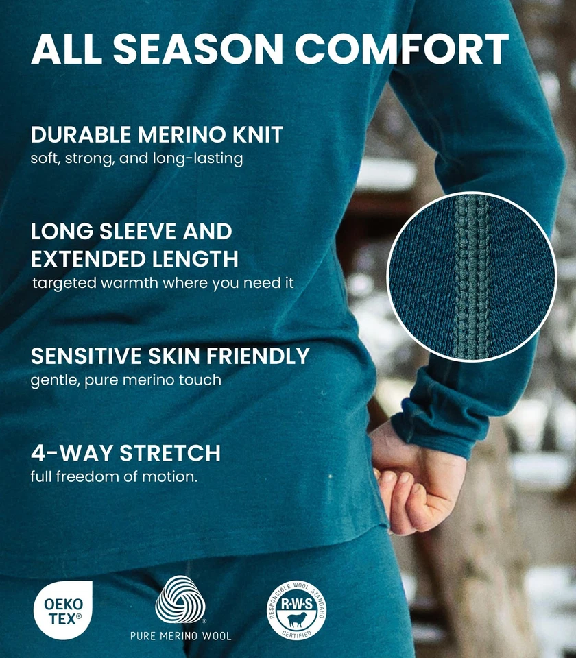 Merino Wool Base Layer Mens Set - Heavyweight, Midweight, Lite Merino Wool Th... - Image 4 of 4