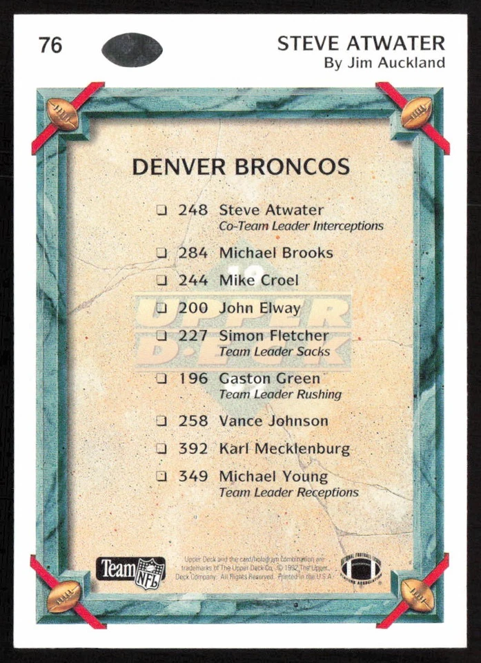 1992 Upper Deck Steve Atwater #76 Denver Broncos - Image 2 of 2
