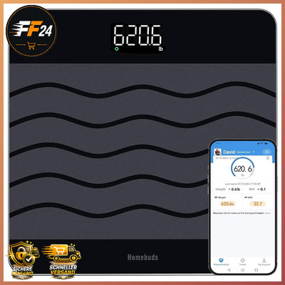 Personenwaage Digital 300kg Präzision 0,05kg BMI App 8mm Glas Schwarz 315mm