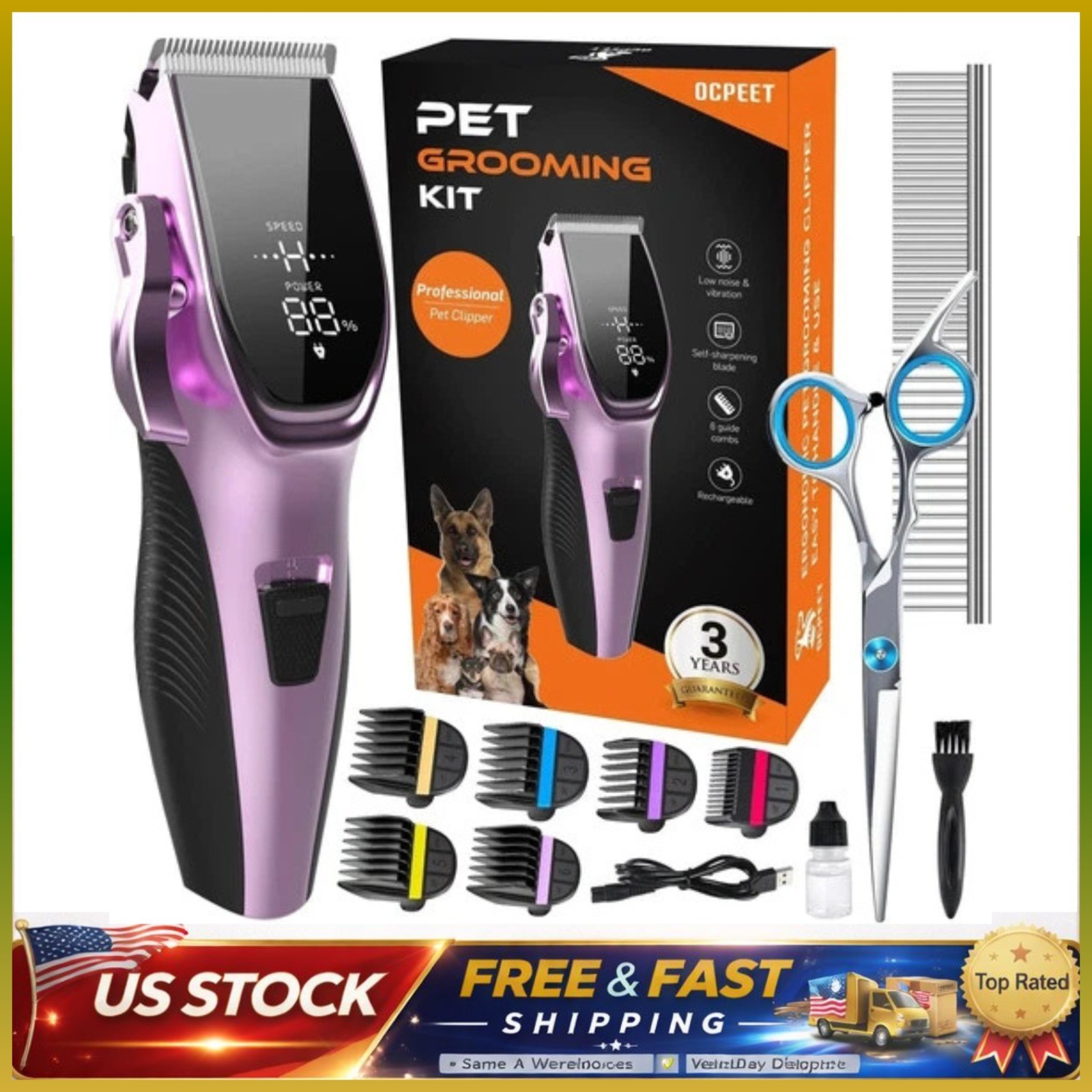 Professional PET CLIPPERS Dog Grooming Kit Heavy Duty Trimmer Thick Hair US
