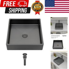 15 Black Shallow Bathroom Vessel Sink 15x15 Square Handmade 16 Gauge Stainle...