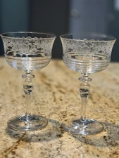 Set of 2 New Clear Etched Glass Coupe Goblets Floral Engraved Unknown Brand