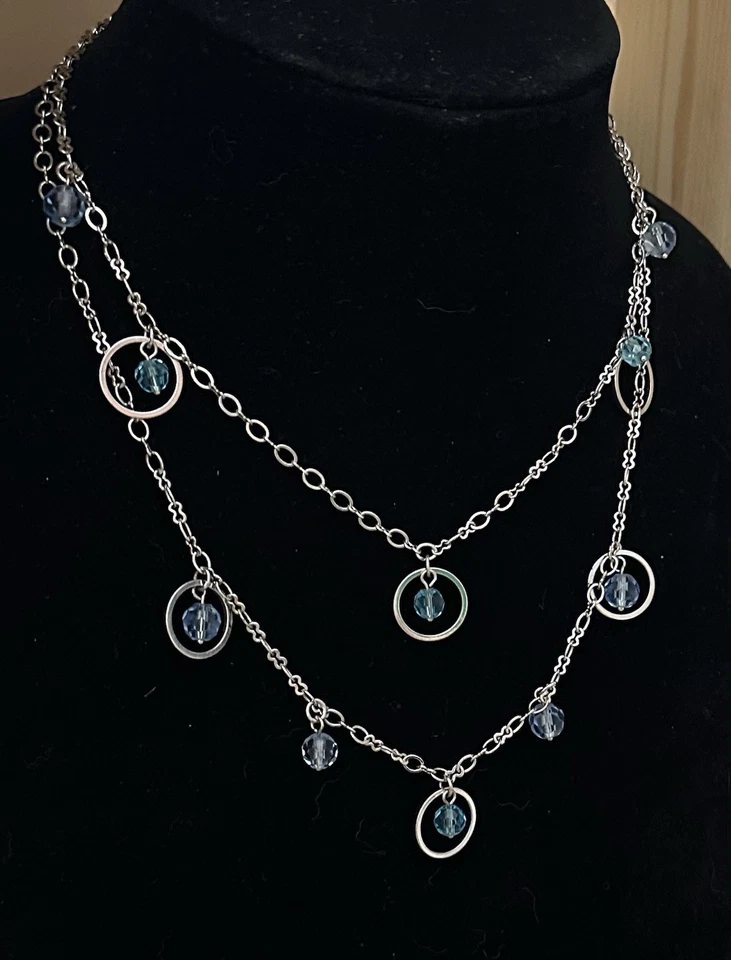 Lia Sophia Silver Tone Multi Layer Necklace Circle Dangles Blue Beads 16-19” - Image 3 of 4