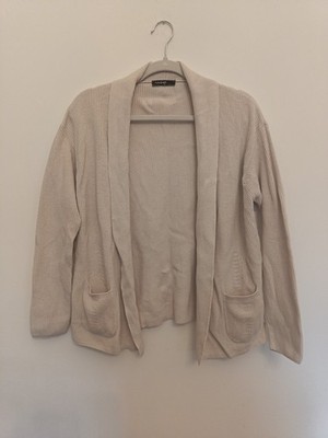 M&S Autograph Ribbed Cardigan UK 12 Cotton Blend Shawl Neck Pockets cream beige
