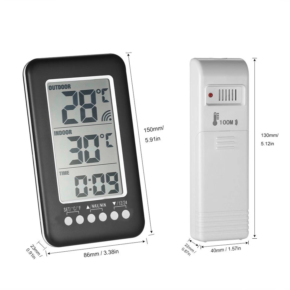 LCD-Digital-Funkthermometer für Innen- und Außenräume, Uhr, Temperaturmessgerät - Bild 2 von 4