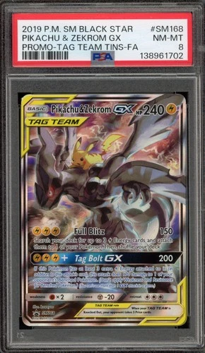 Pokemon Pikachu & Zekrom GX Tag Team Tins Black Star Full Art Promo SM168 PSA 8