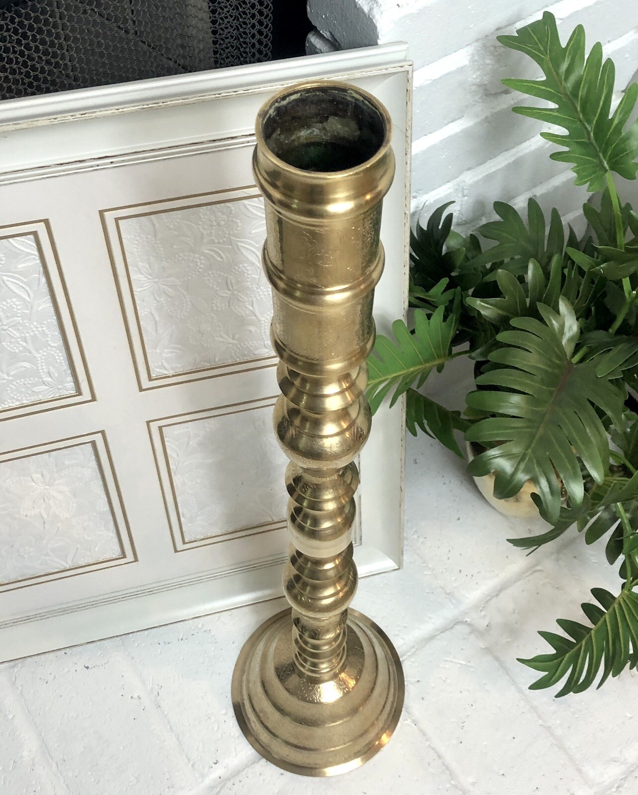 Brass Floor Candle Holder Etched Alter Church TallPillar Candlestick